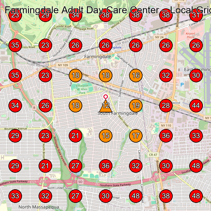 Farmingdale Adult Day Care Center GeoGrid visibility map for Adult Day Care Center in 320 S Broadway